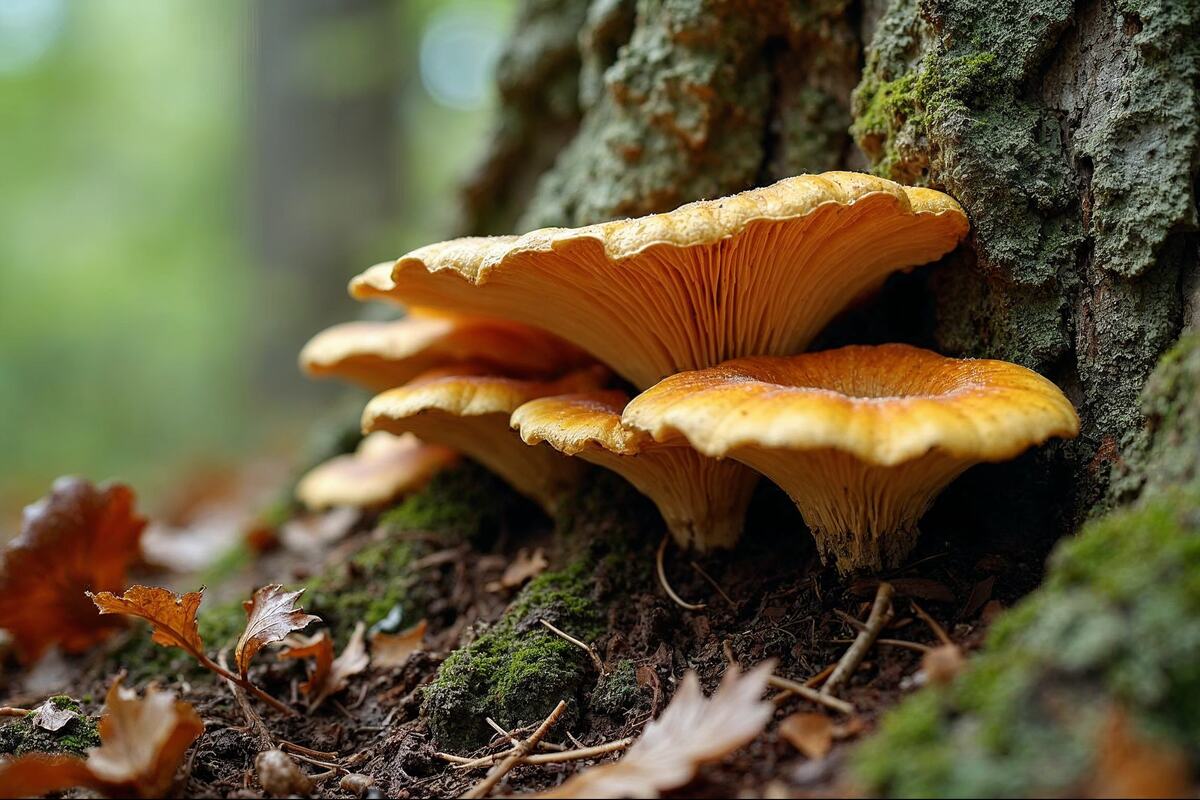 Orange mushrooms grow naturally near the base of a mature tree.