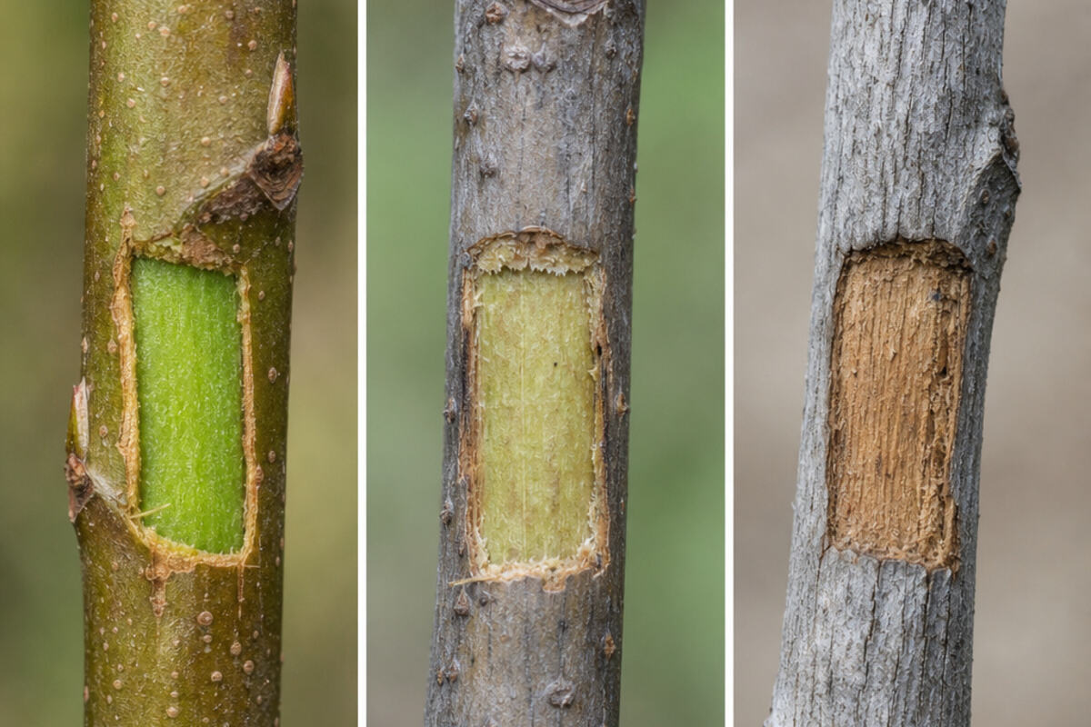 Three scratched twigs compared side by side: bright green moist tissue on a living twig, dull pale green tissue on a stressed twig, and brown dry tissue on a dead twig.