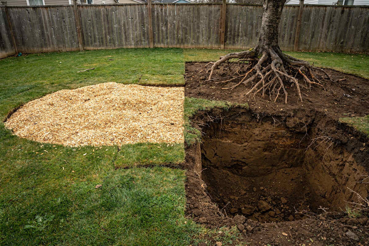 Wood chips and an exposed root system show two stump-removal outcomes.