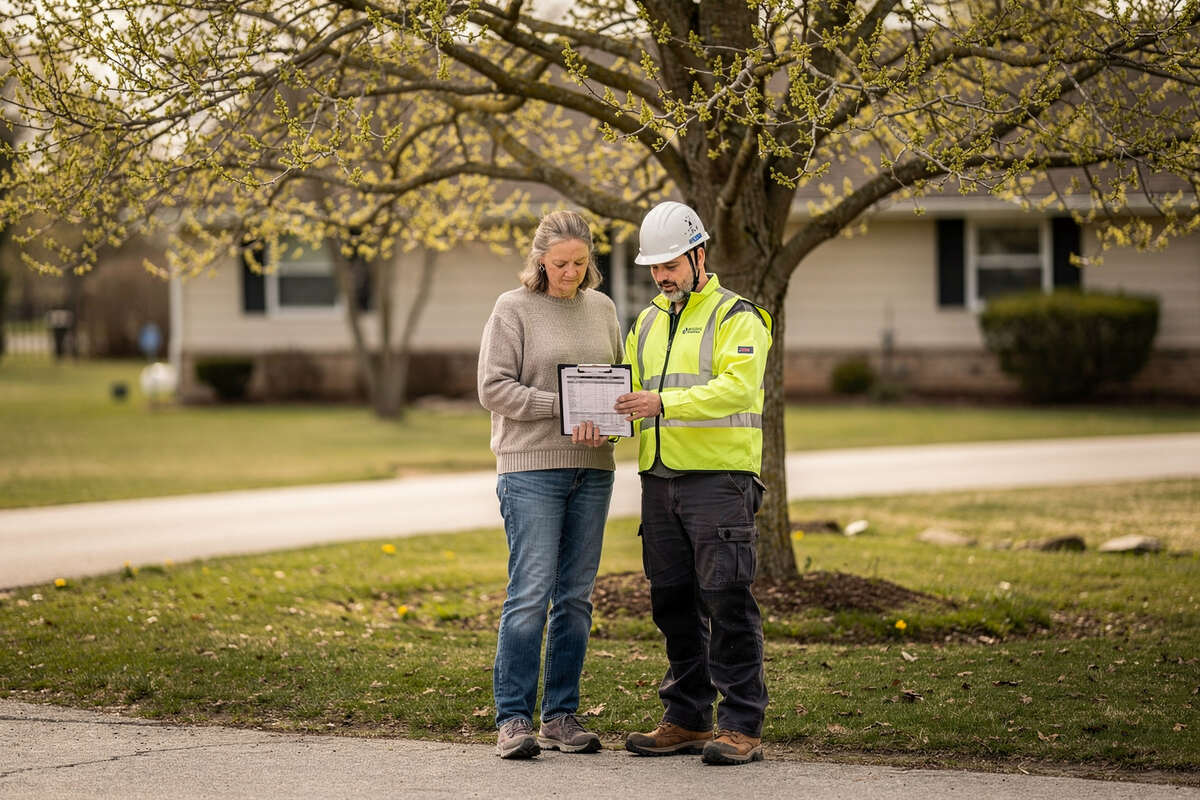 A homeowner reviews a written tree-work estimate with a professional.