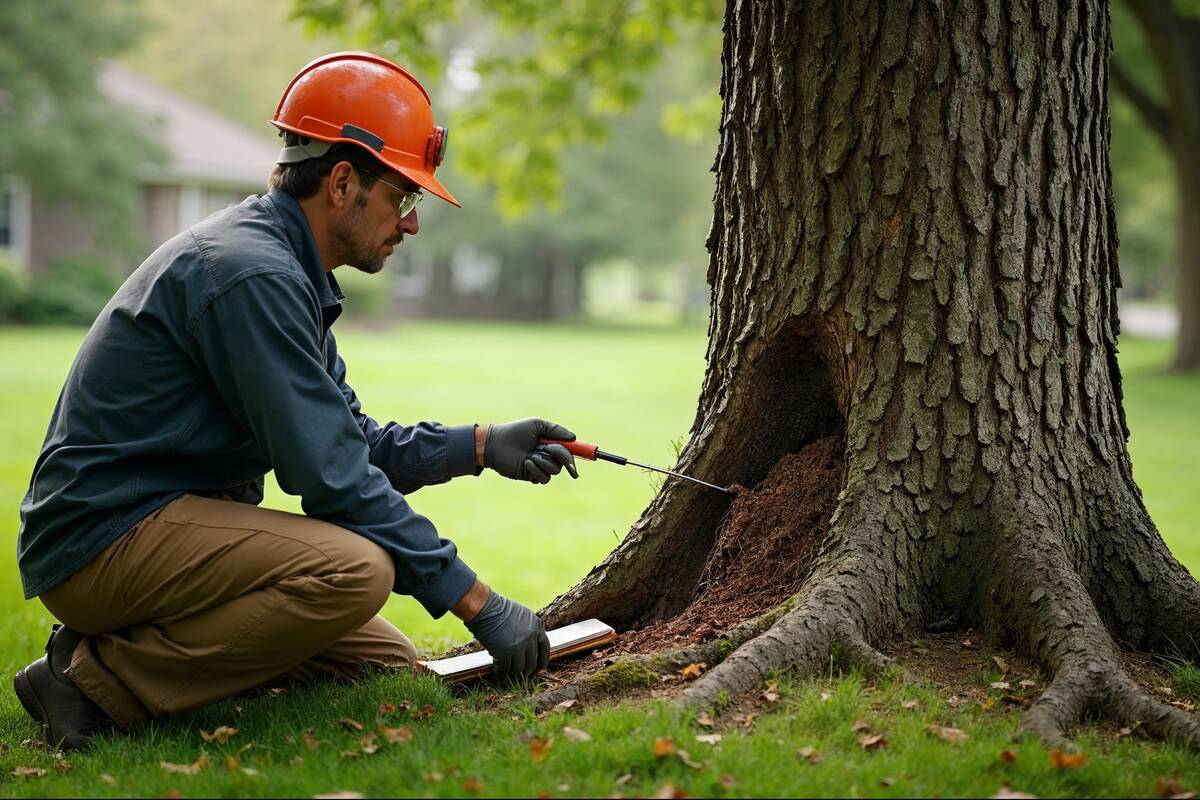 An arborist inspects bark and the base of a mature tree.