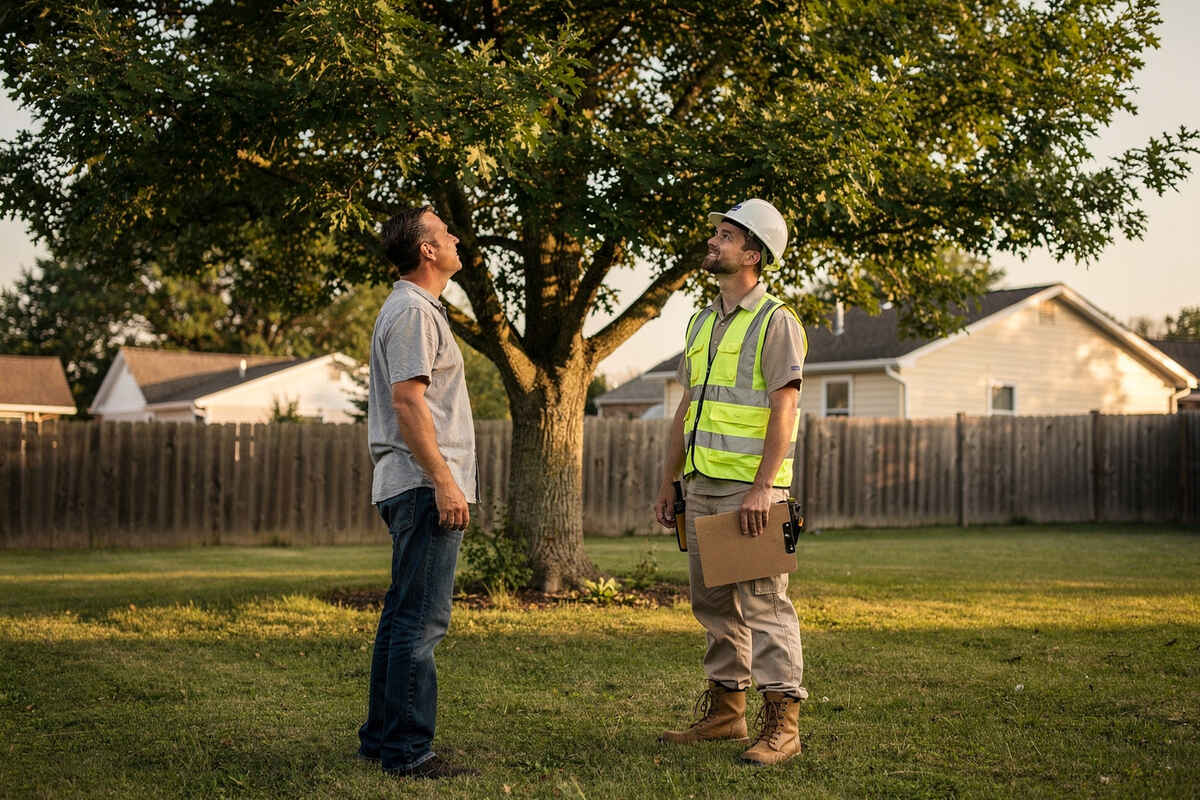 A homeowner discusses a tree assessment with an arborist.