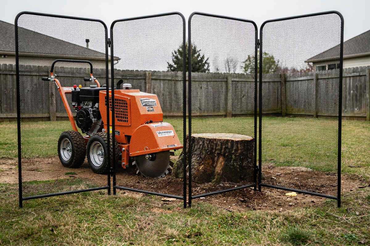 A stump grinder stands behind protective debris screens beside a cut stump.