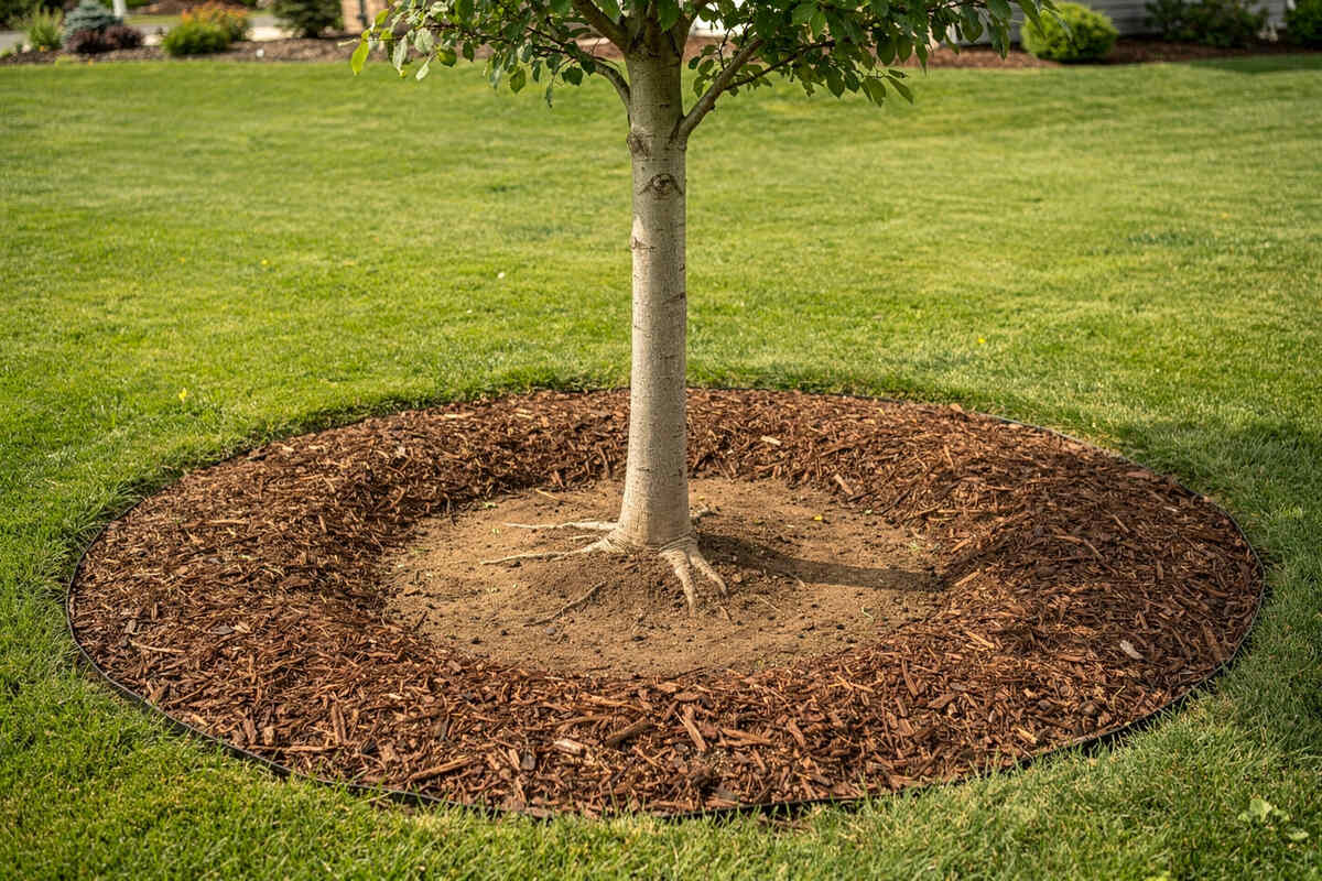 A young tree grows in a wide mulch ring in a home landscape.