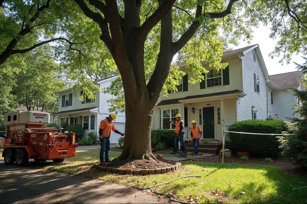 A tree removal crew prepares a safely cordoned work area.